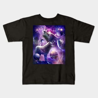 Cosmic Wolf Howling At Moon In Space Kids T-Shirt